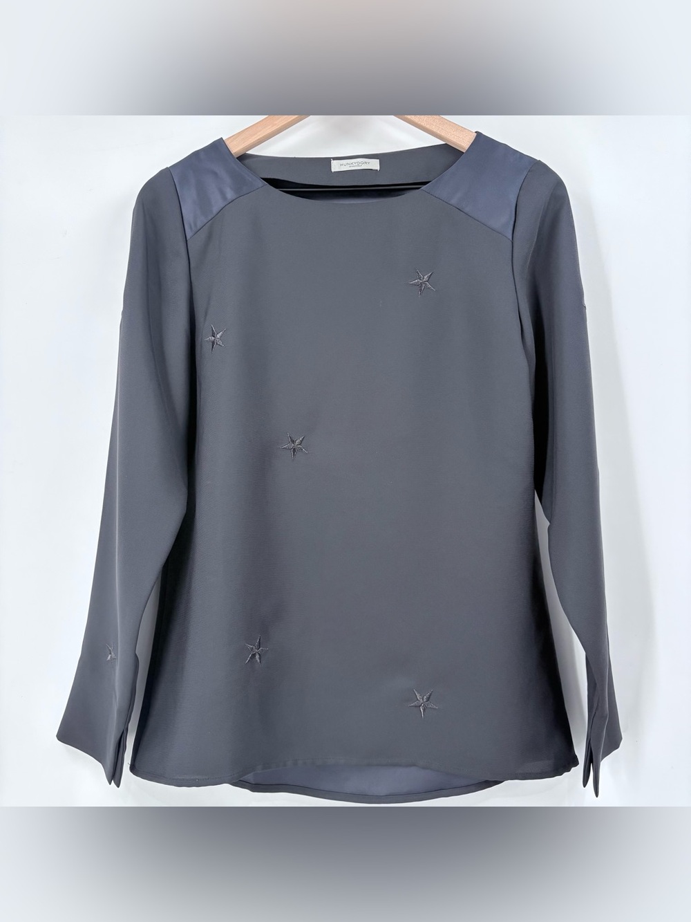 Hunkydory Stockholm Dark Navy Blue Star Embroidered Long Sleeve Top